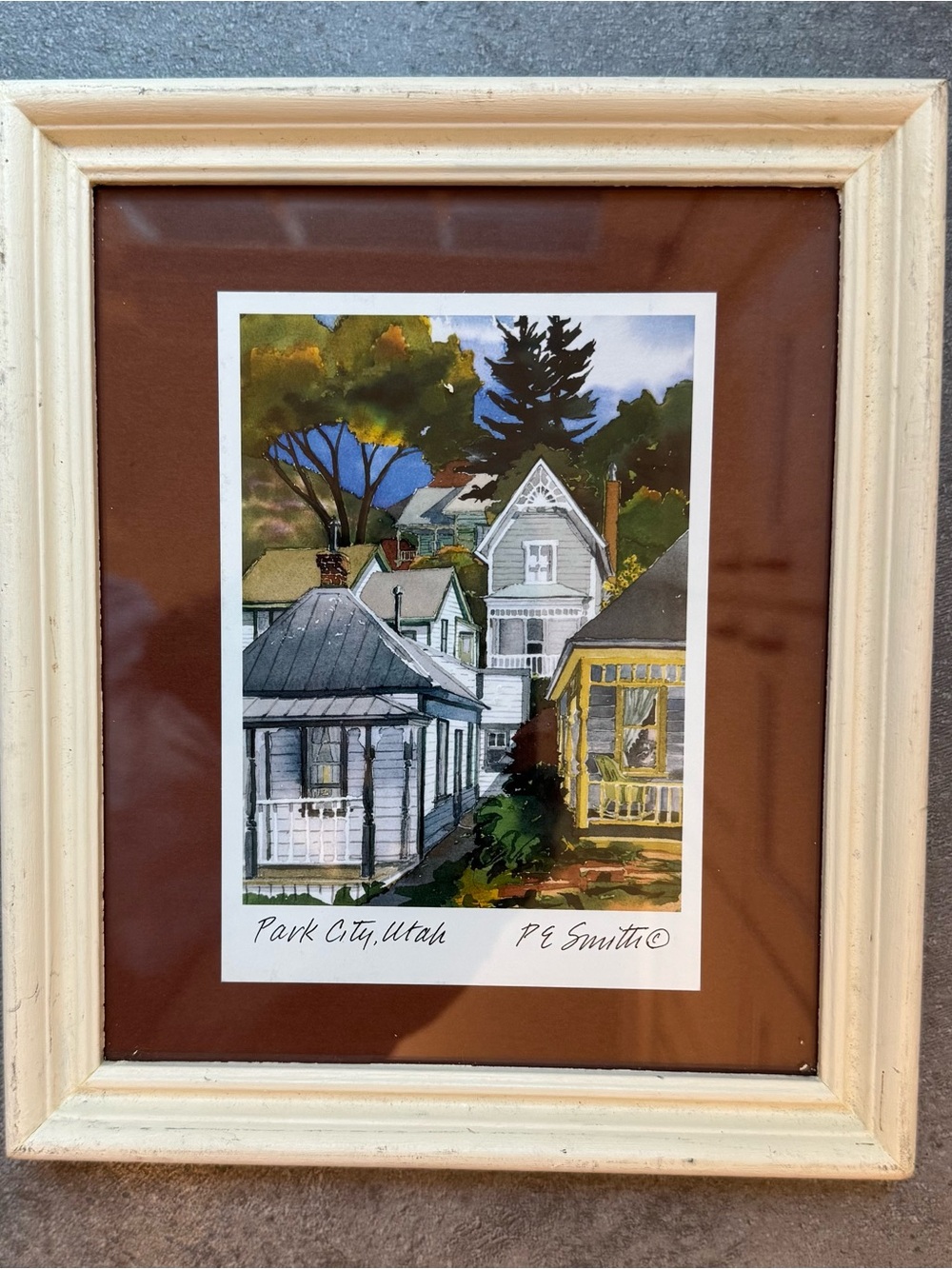 Park City Utah Watercolor Art Print in Cream Frame with Brown Mat